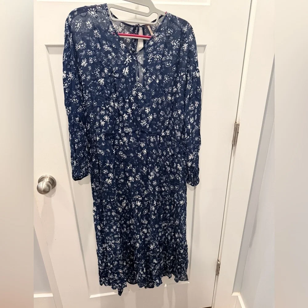 Free People Navy Blue Floral Midi Dress XS Long Sleeve Boho Peasant